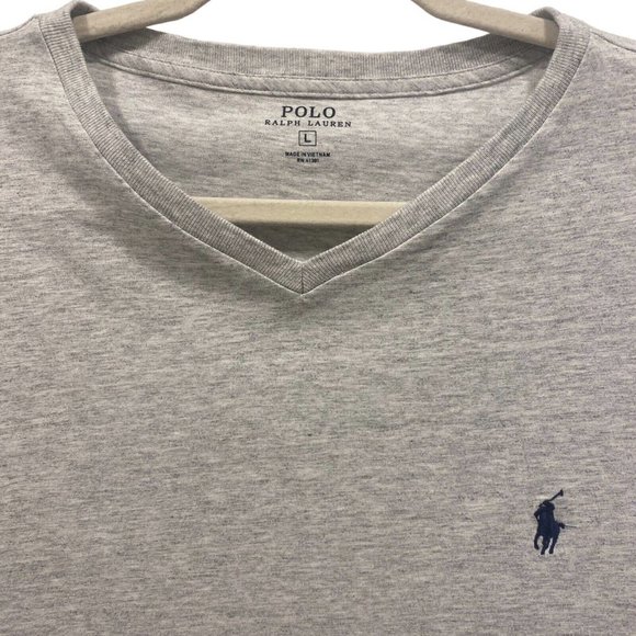 POLO RALPH LAUREN Men's Long Sleeve Solid GRAY V-Neck T-Shirt Blue Logo LARGE - Picture 2 of 5